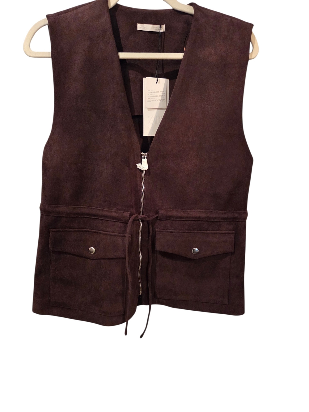 NWT Zara Chocolate Brown Faux Suede Waistcoat with Patch Pockets. Large. - Picture 7 of 9